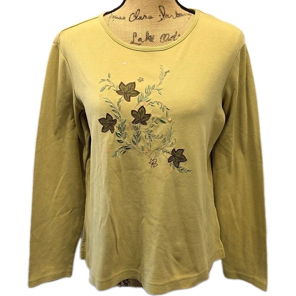 Vtg Classic Elements Yellow Embroidered Leaf Top Cottagecore Earthy Fairy Grunge